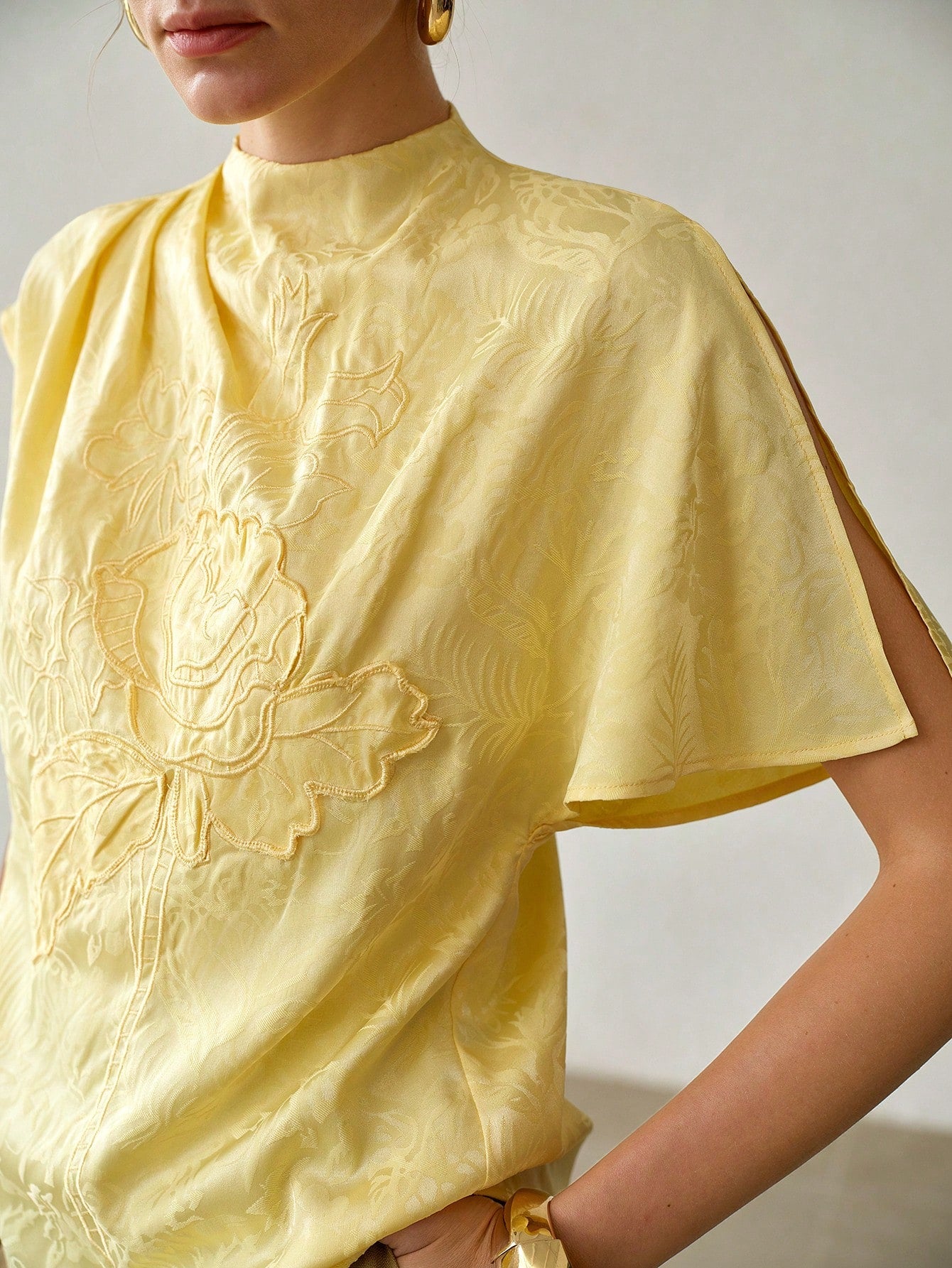 CM-TS725629 Women Elegant Seoul Style Stand Collar Batwing Sleeve Jacquard Floral Embroidery Blouse - Yellow