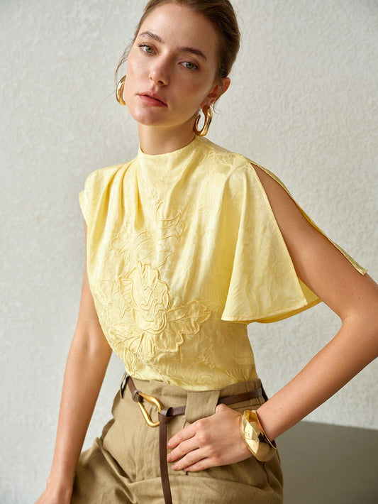 CM-TS725629 Women Elegant Seoul Style Stand Collar Batwing Sleeve Jacquard Floral Embroidery Blouse - Yellow