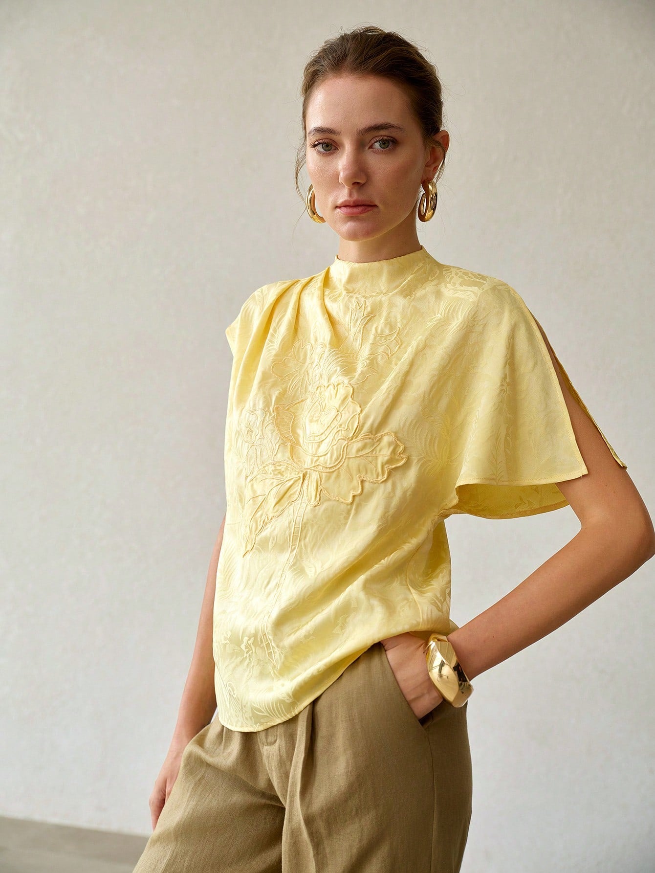 CM-TS725629 Women Elegant Seoul Style Stand Collar Batwing Sleeve Jacquard Floral Embroidery Blouse - Yellow