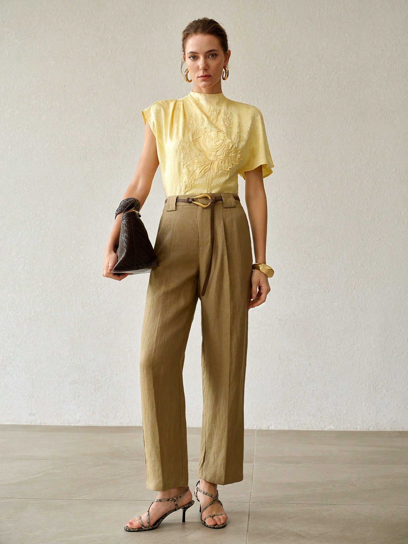 CM-TS725629 Women Elegant Seoul Style Stand Collar Batwing Sleeve Jacquard Floral Embroidery Blouse - Yellow