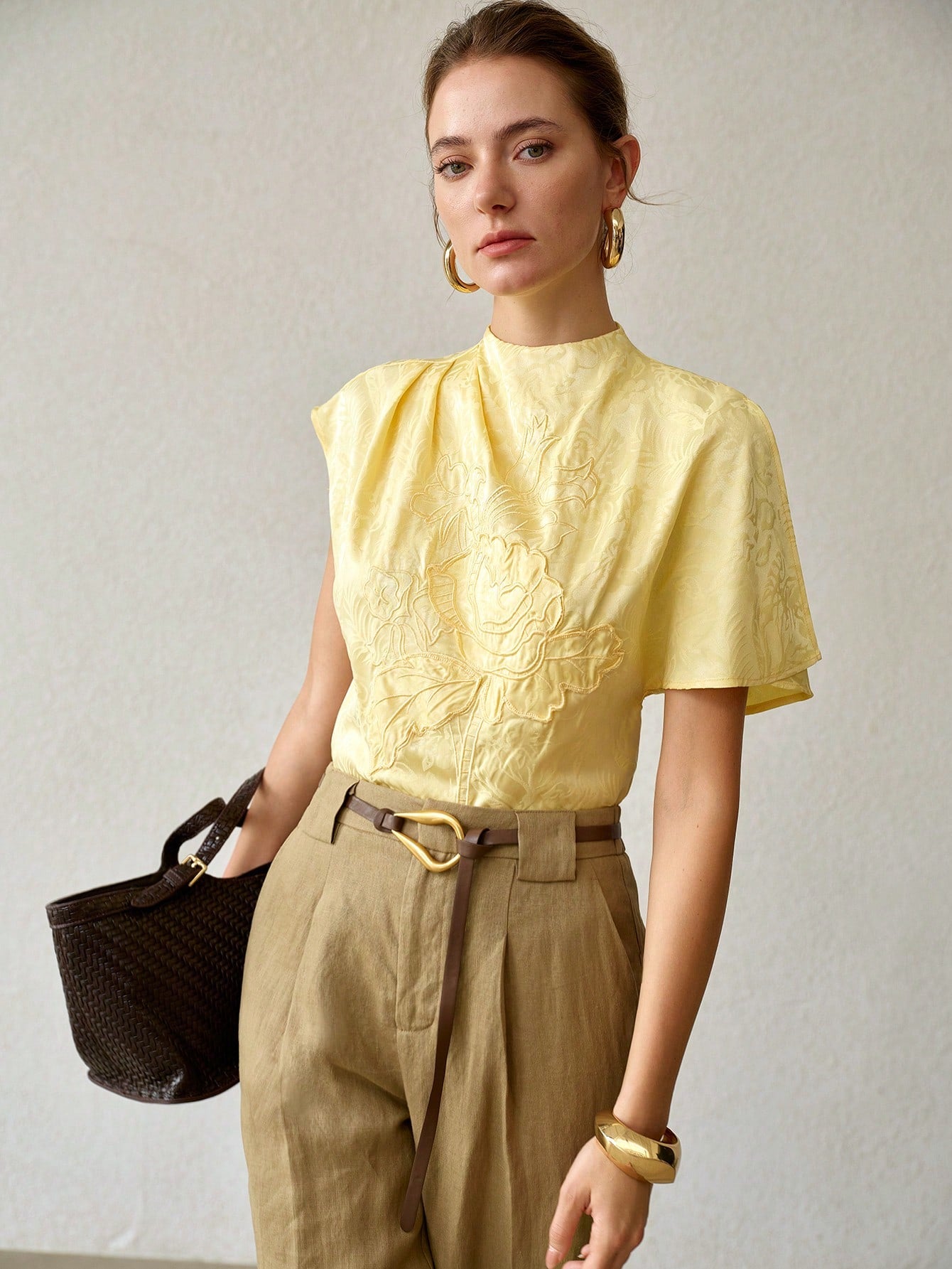 CM-TS725629 Women Elegant Seoul Style Stand Collar Batwing Sleeve Jacquard Floral Embroidery Blouse - Yellow