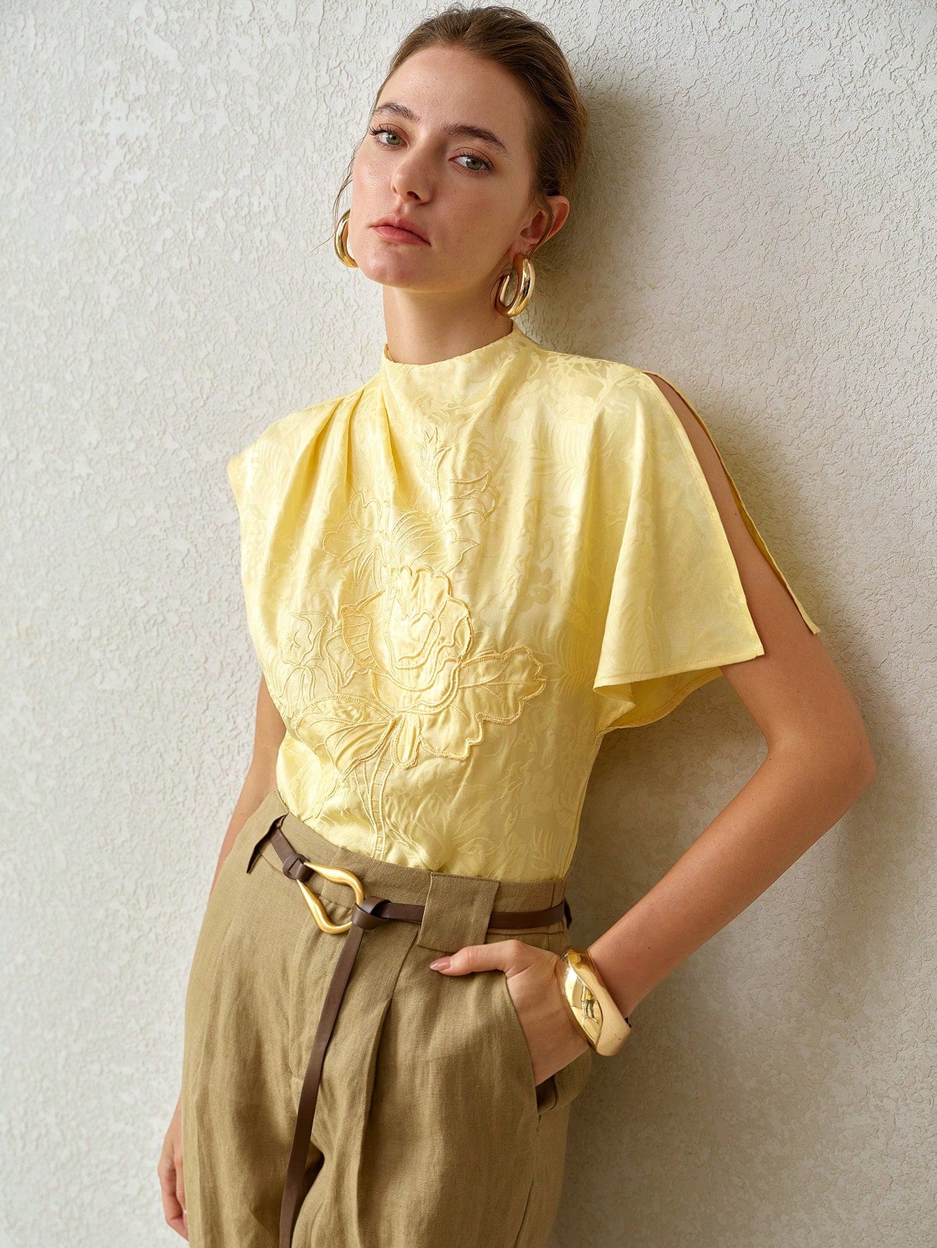 CM-TS725629 Women Elegant Seoul Style Stand Collar Batwing Sleeve Jacquard Floral Embroidery Blouse - Yellow