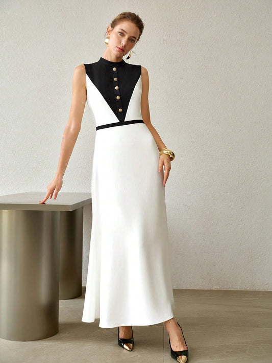 CM-DS091535 Women Elegant Seoul Style Stand Collar Sleeveless High Waist Colorblock Long Dress