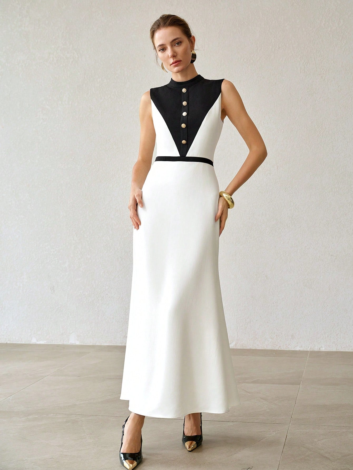 CM-DS091535 Women Elegant Seoul Style Stand Collar Sleeveless High Waist Colorblock Long Dress