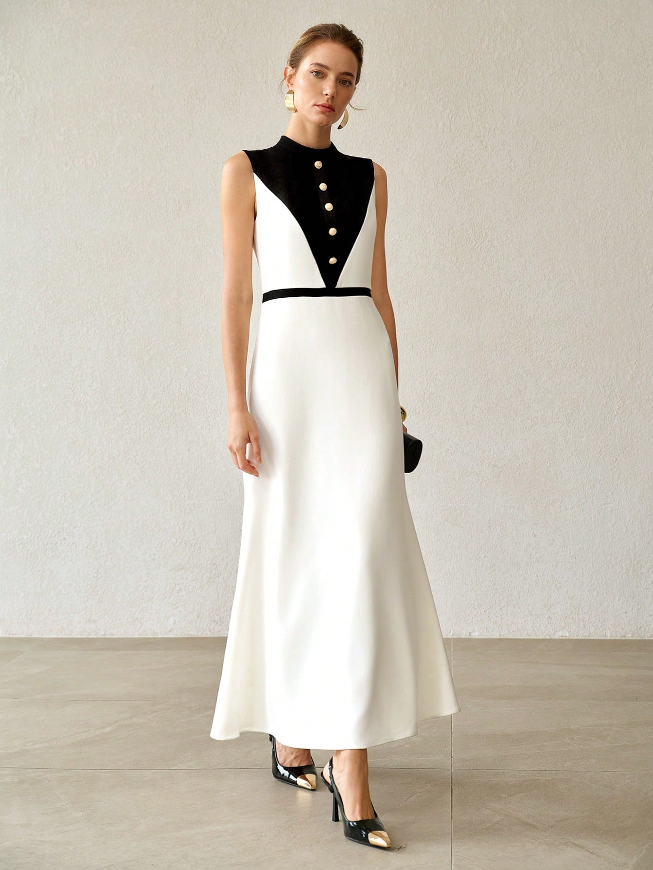 CM-DS091535 Women Elegant Seoul Style Stand Collar Sleeveless High Waist Colorblock Long Dress