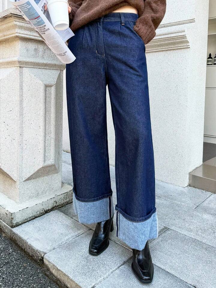 CM-BS937508 Women Casual Seoul Style Dark Wash Fleece Cuff Mid Waist Straight Leg Loose Jeans