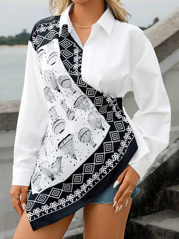 CM-TS848215 Women Trendy Bohemian Style Patchwork Print Long Sleeve Asymmetric Hem Shirt