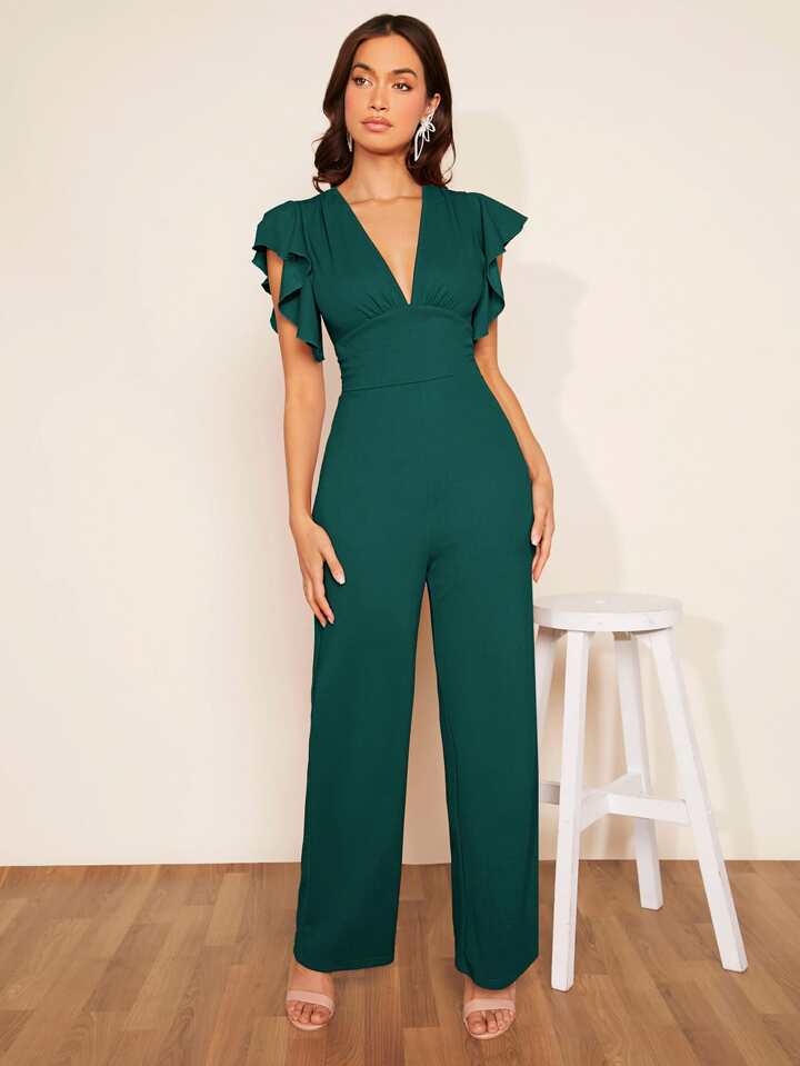 CM-JS131831 Women Elegant Seoul Style Plunging Neck Butterfly Sleeve Jumpsuit - Dark Green