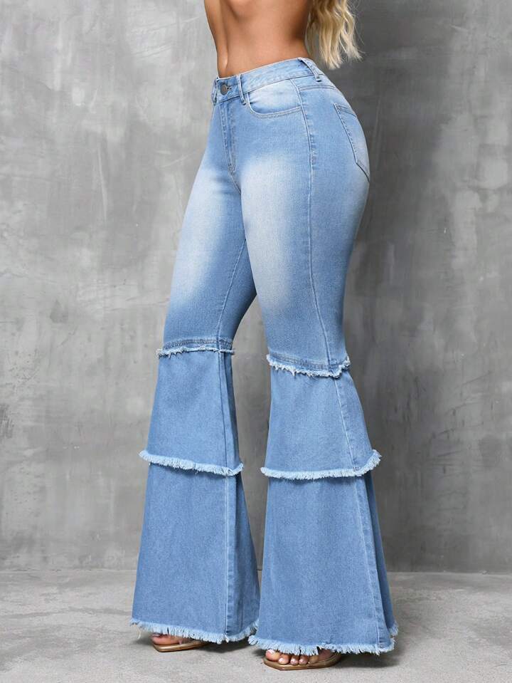 CM-BS928591 Women Casual Seoul Style Light Wash Splice Multi-Layer Fringed Patch Pockets Flare Jeans
