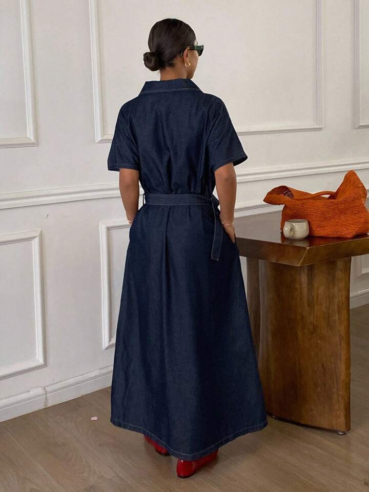 CM-DS949038 Women Casual Seoul Style Collared Waist Cinched Short Sleeve Oversized Denim Dress - Blue
