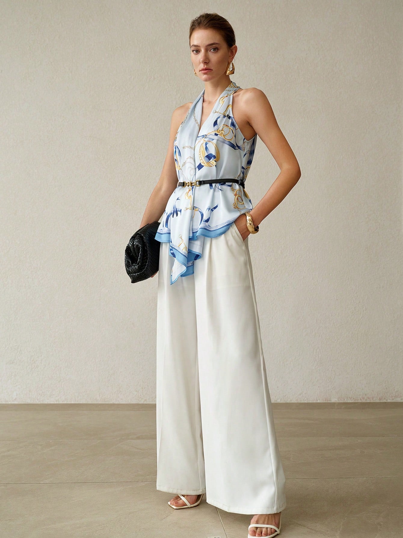 CM-TS630342 Women Elegant Seoul Style Hlater Neckline Sleeveless Silk Scarf Print Belted Top