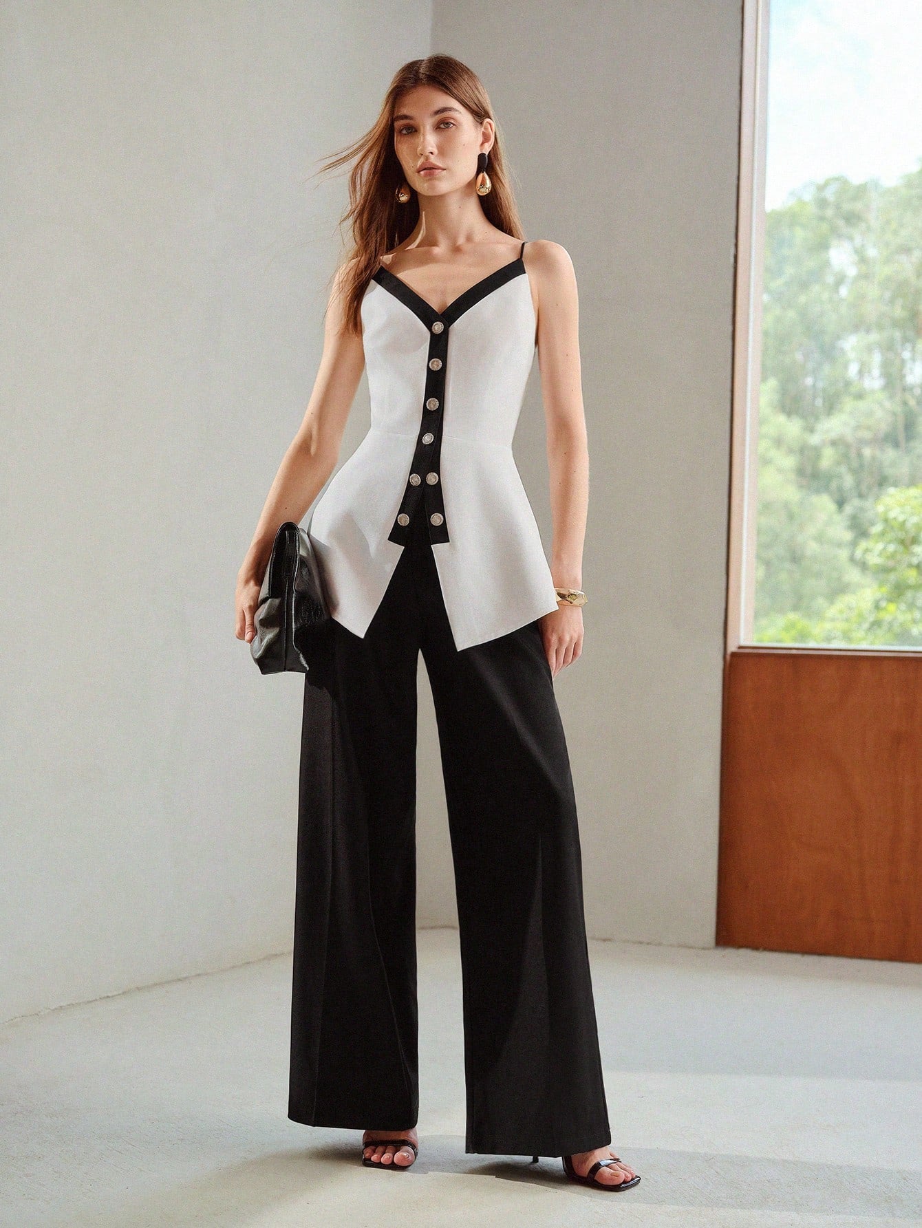 CM-TS123391 Women Elegant Seoul Style Colorblock Button Decor Waist-Cinched Peplum Hem Camisole Top - White