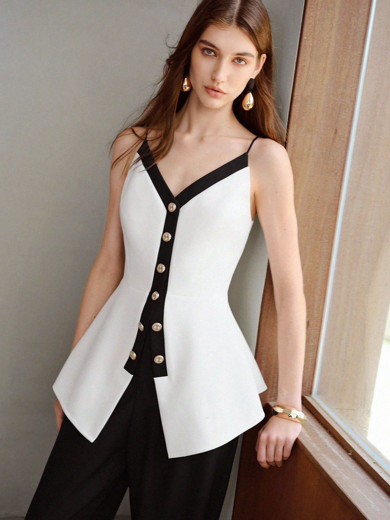 CM-TS123391 Women Elegant Seoul Style Colorblock Button Decor Waist-Cinched Peplum Hem Camisole Top - White