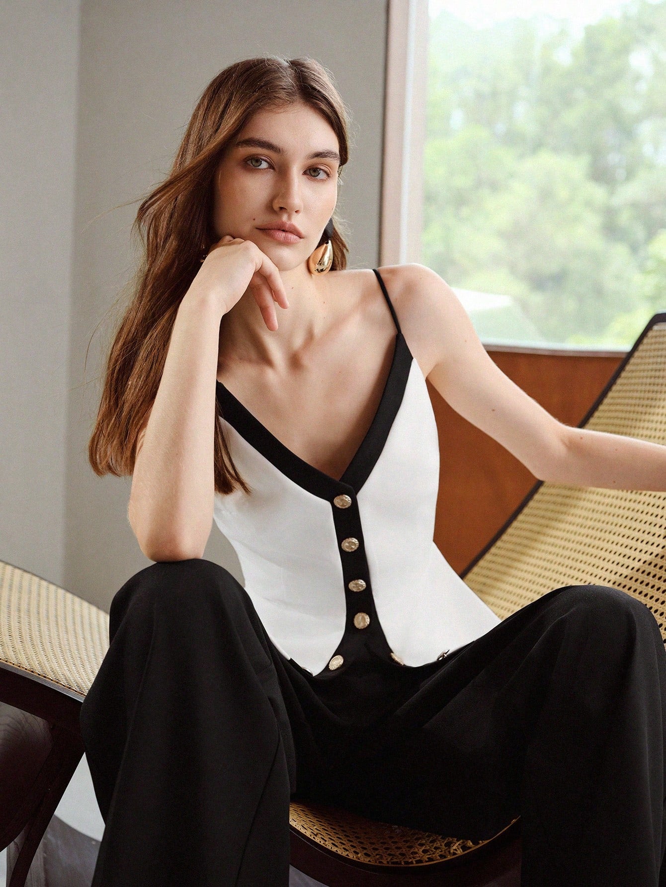 CM-TS123391 Women Elegant Seoul Style Colorblock Button Decor Waist-Cinched Peplum Hem Camisole Top - White