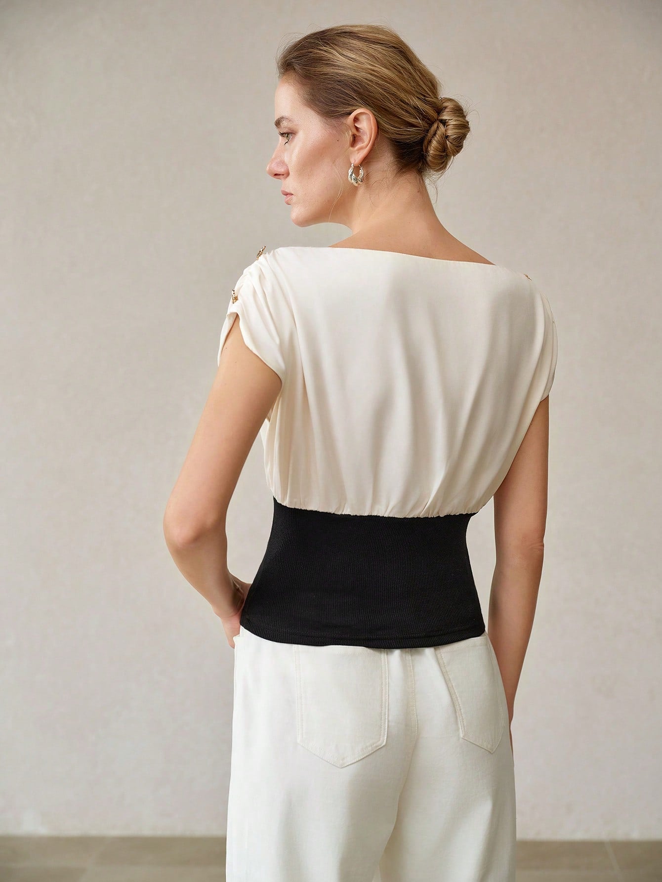 CM-TS747420 Women Casual Seoul Style Boat Neck Sleeveless Colorblock Pullover Waist-Cinched Top