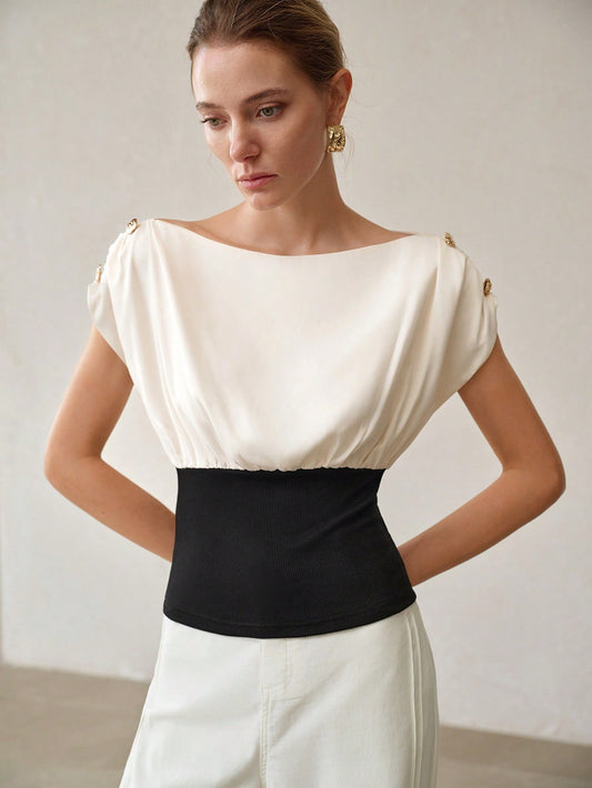 CM-TS747420 Women Casual Seoul Style Boat Neck Sleeveless Colorblock Pullover Waist-Cinched Top