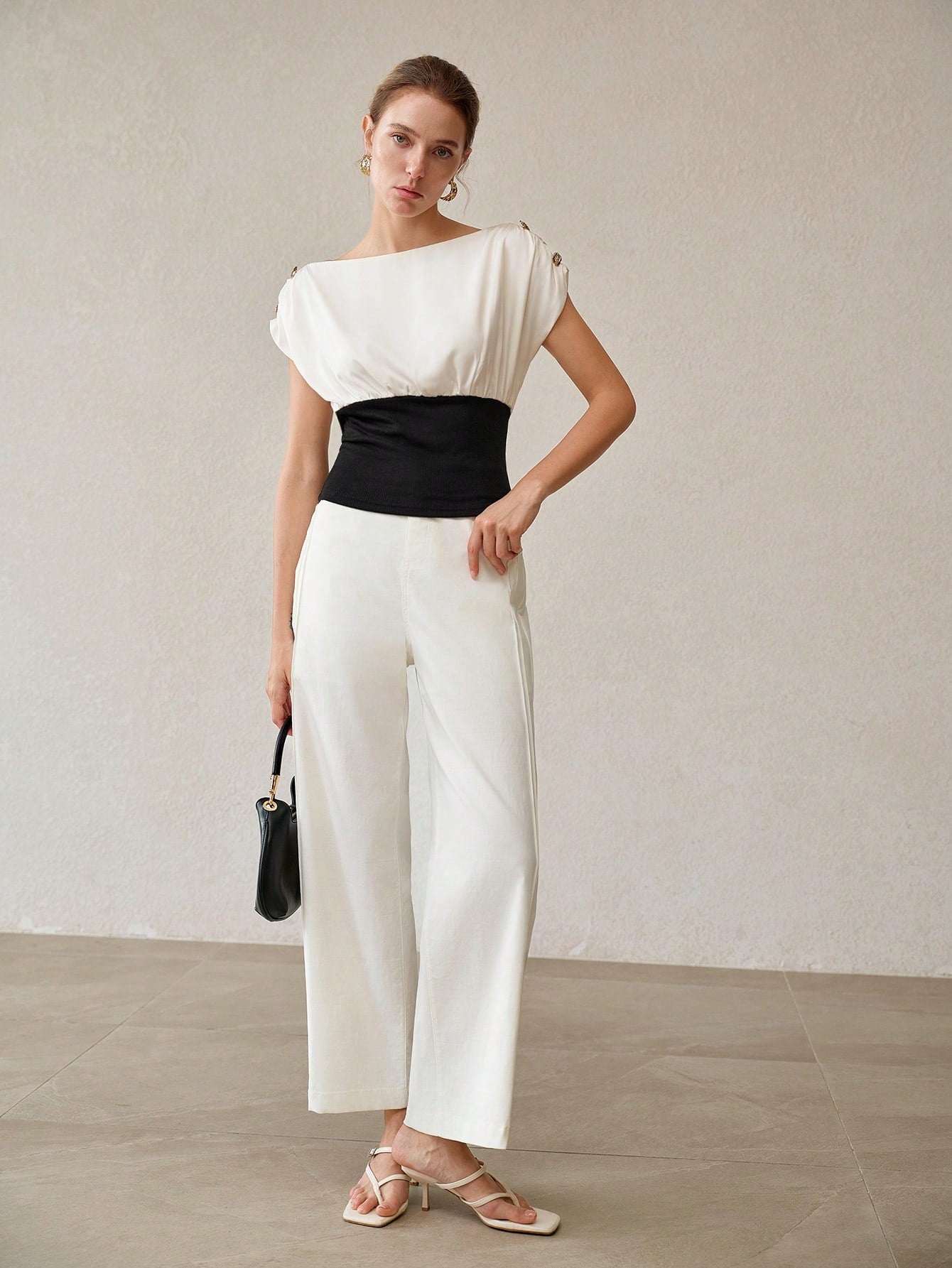 CM-TS747420 Women Casual Seoul Style Boat Neck Sleeveless Colorblock Pullover Waist-Cinched Top
