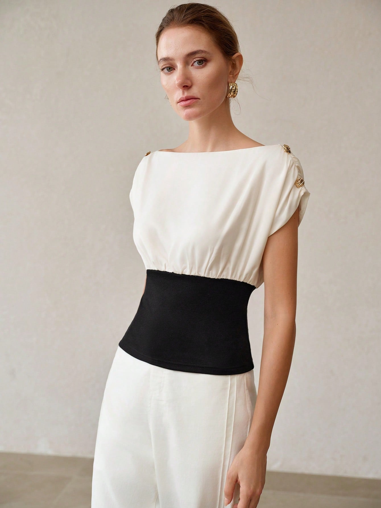 CM-TS747420 Women Casual Seoul Style Boat Neck Sleeveless Colorblock Pullover Waist-Cinched Top