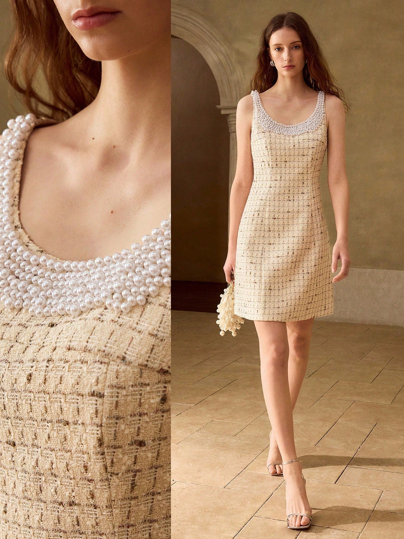 CM-DS366332 Women Elegant Seoul Style Scoop Neck Sleeveless Tweed Palide Pattern Faux Pearl Decor Mini Dress