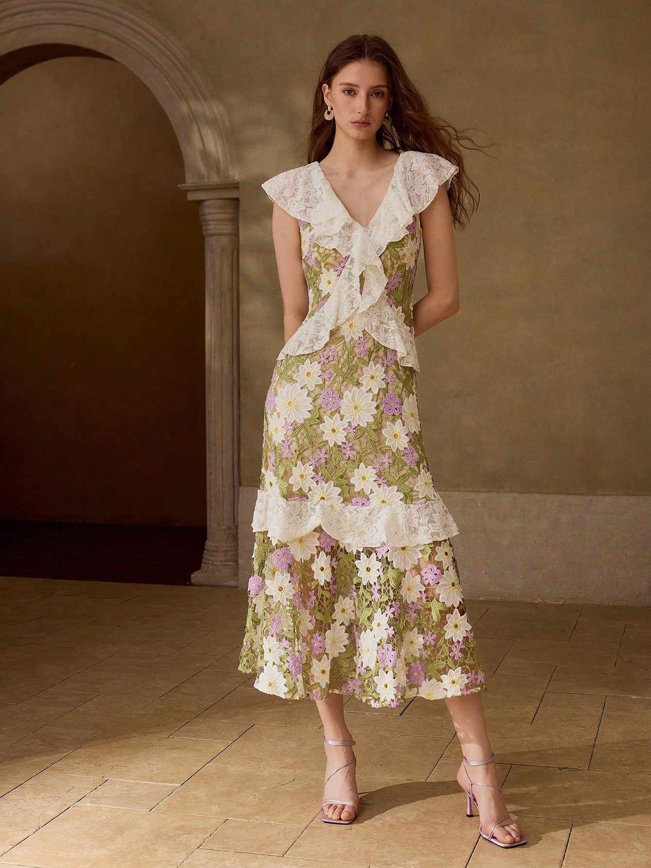 CM-DS003521 Women Elegant Seoul Style Deep V-Neck Cap Sleeve Floral Embroidered Waist-Cinching Dress - Green