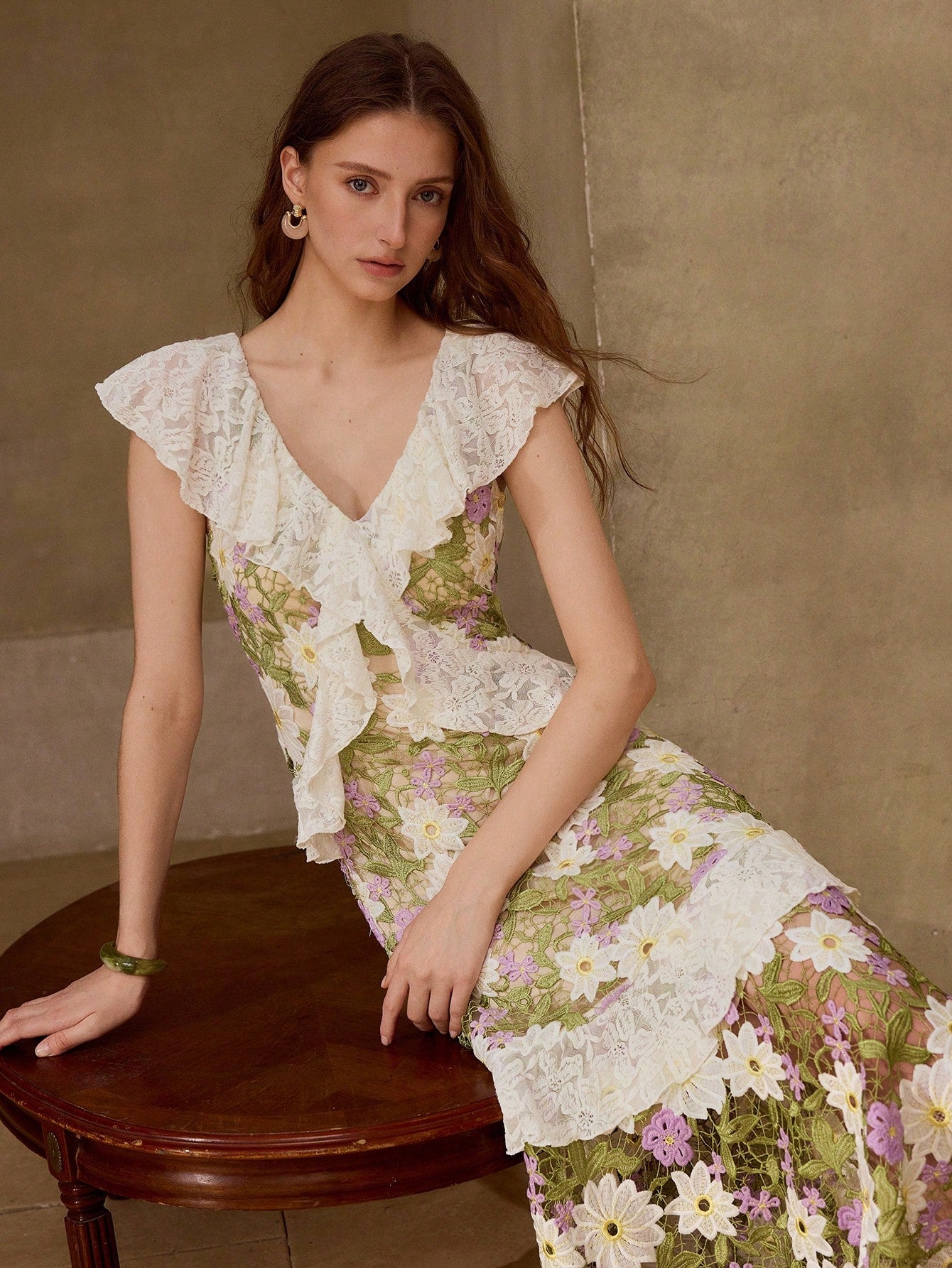 CM-DS003521 Women Elegant Seoul Style Deep V-Neck Cap Sleeve Floral Embroidered Waist-Cinching Dress - Green