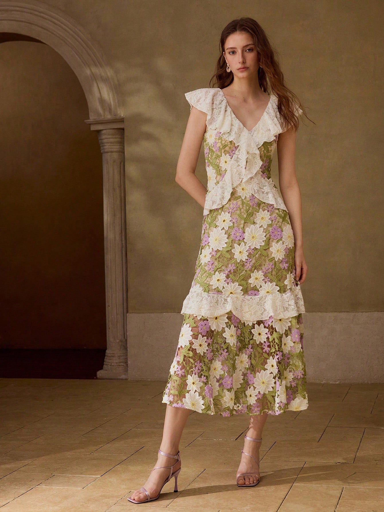 CM-DS003521 Women Elegant Seoul Style Deep V-Neck Cap Sleeve Floral Embroidered Waist-Cinching Dress - Green