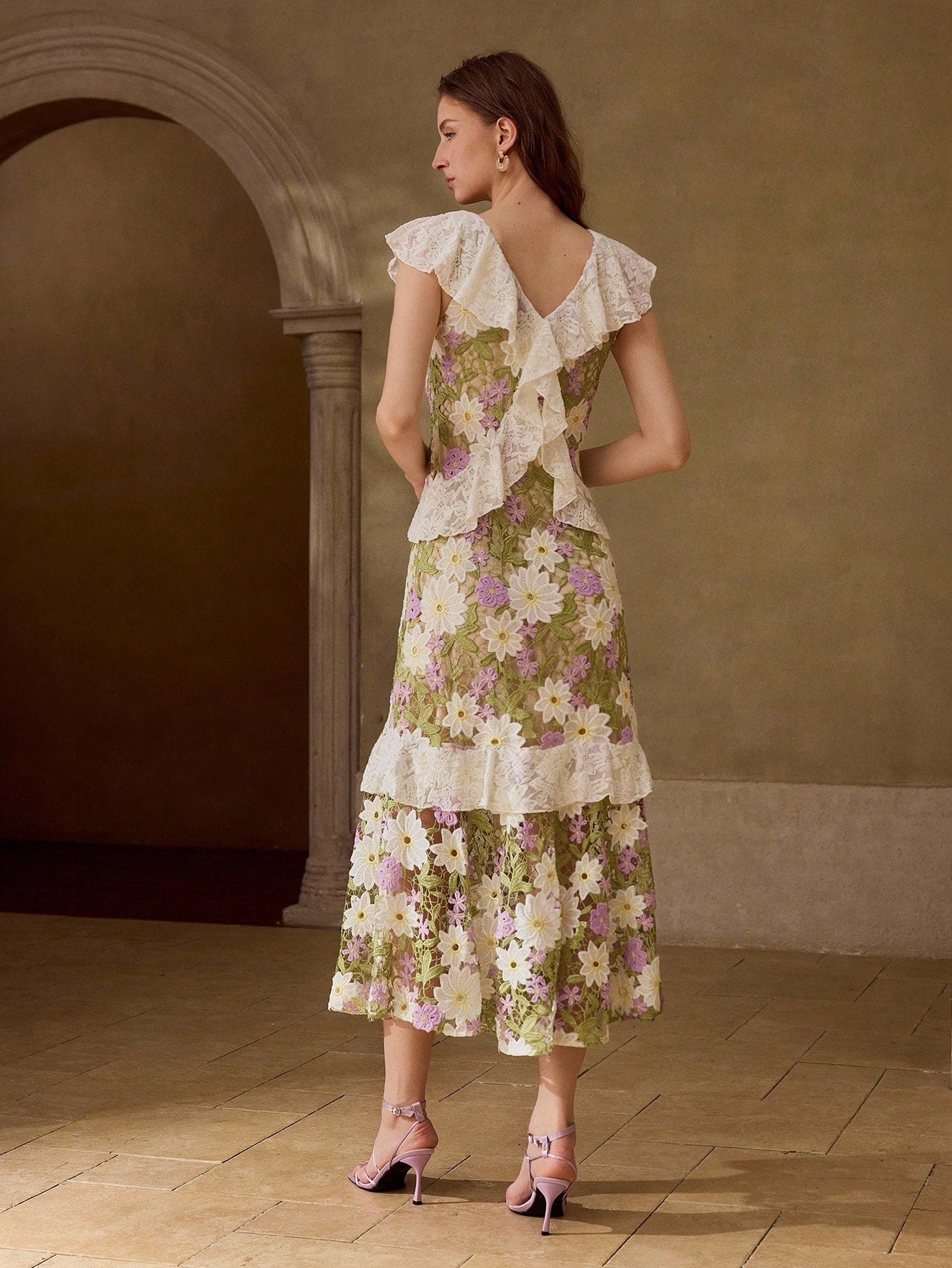 CM-DS003521 Women Elegant Seoul Style Deep V-Neck Cap Sleeve Floral Embroidered Waist-Cinching Dress - Green