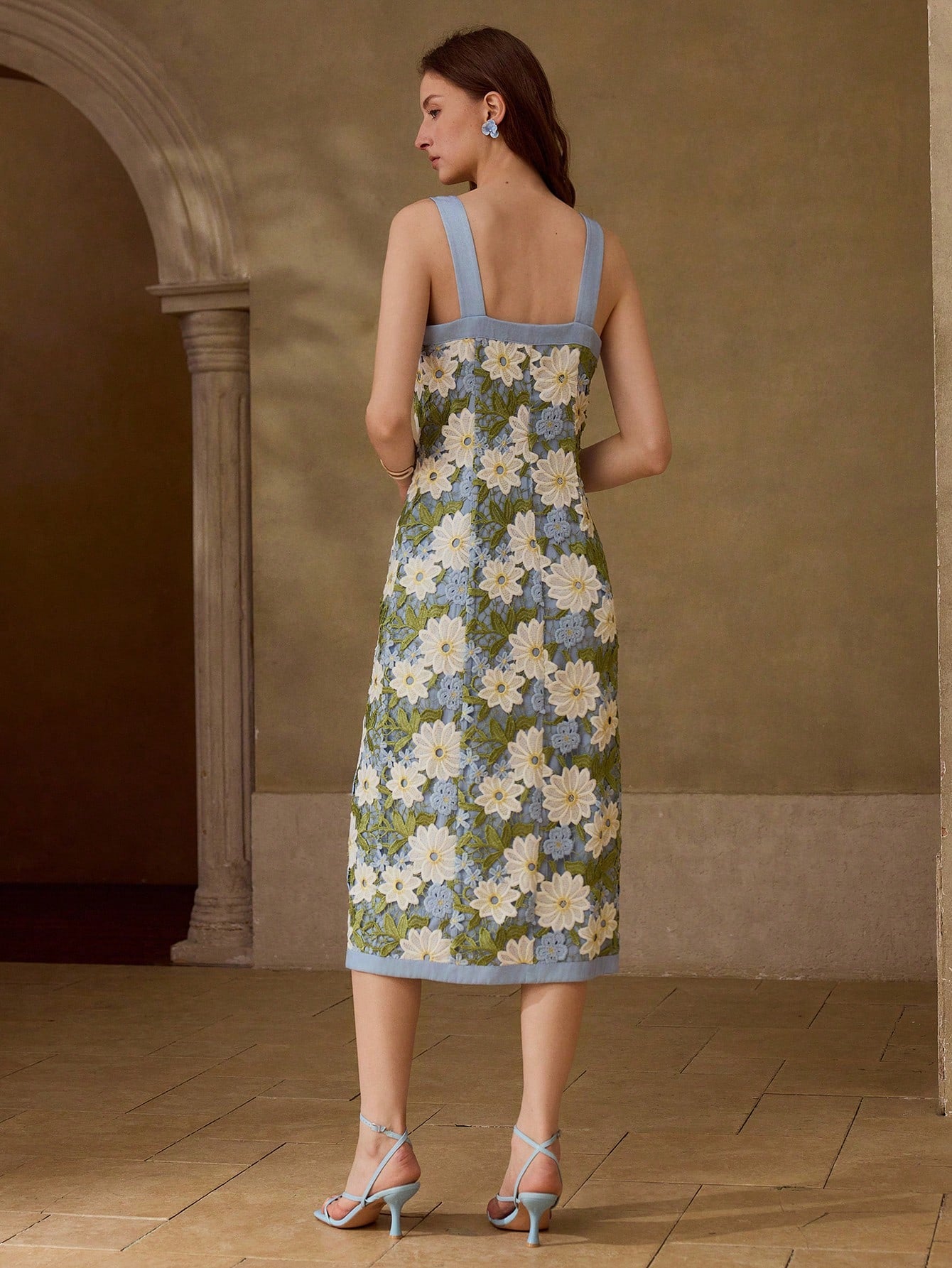 CM-DS457566 Women Elegant Seoul Style Embroidered Floral Patchwork Waist Cinched Dress - Blue