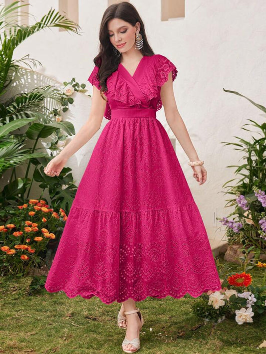 CM-DS312270 Women Trendy Bohemian Style V-Neck Short Sleeve A-Line Maxi Dress - Hot Pink