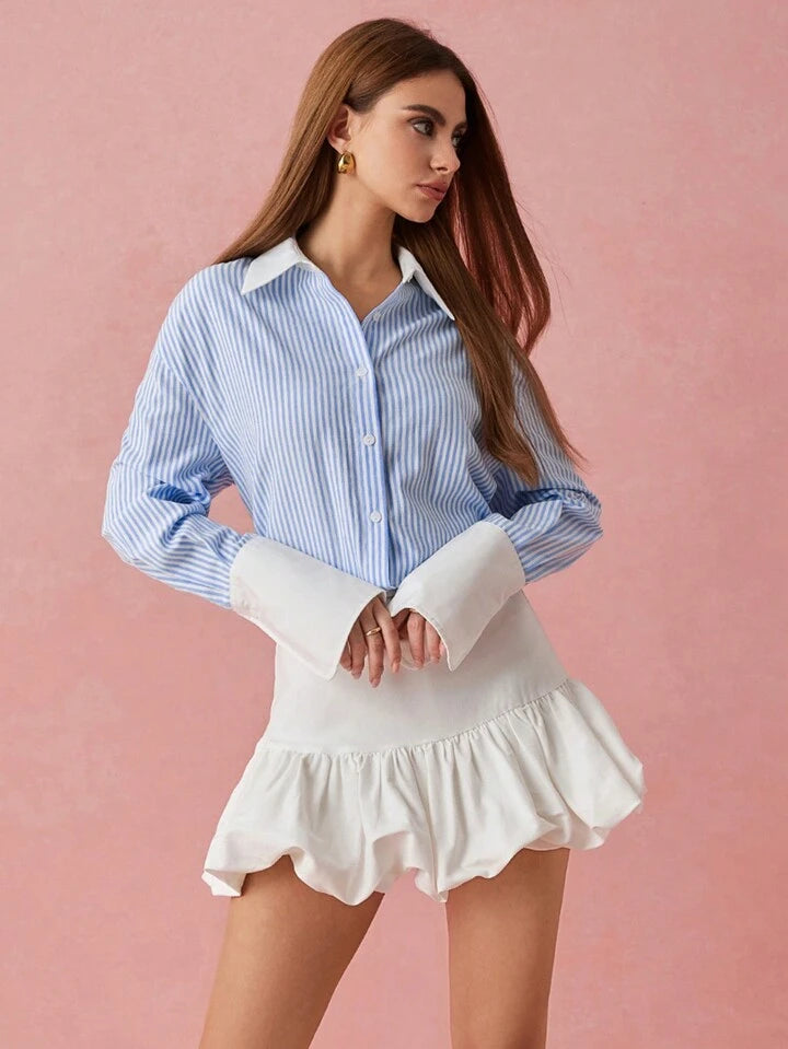 CM-TS919017 Women Casual Seoul Style Stripe Patchwork Collar Neckline Long Sleeve Blouse - Blue