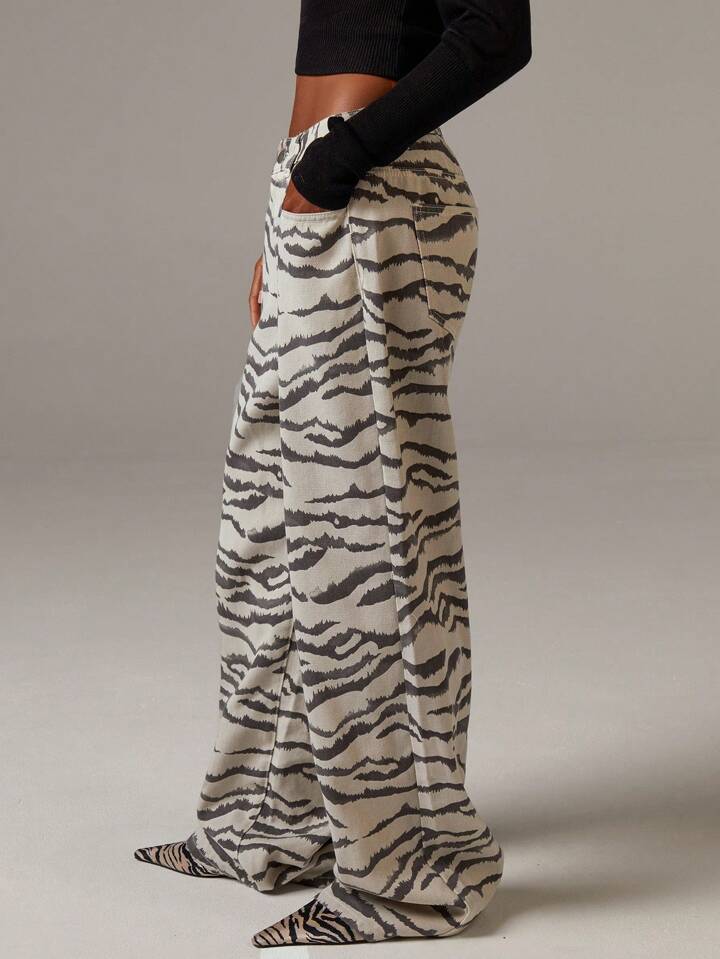 CM-BS140606 Women Casual Seoul Style Zebra Print High Waist Extra Long Wide Leg Jeans - Khaki