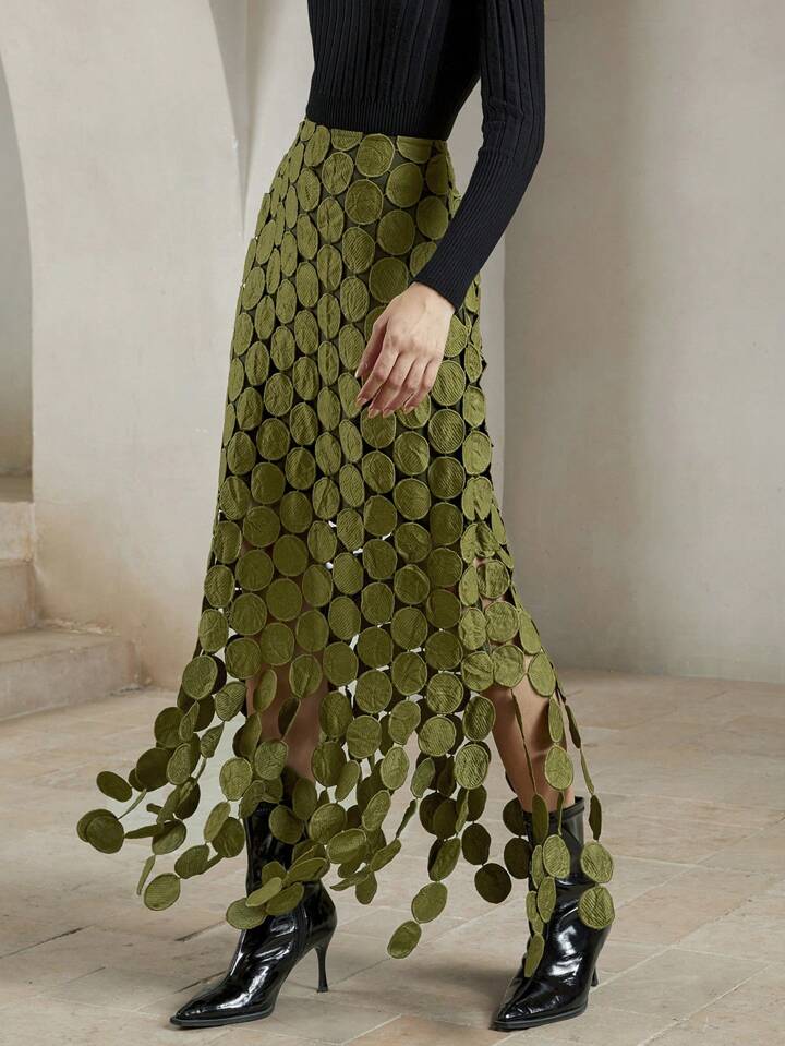 CM-BS505600 Women Trendy Bohemian Style Laser Cut Multi Circle Double Layered Maxi Skirt - Olive Green