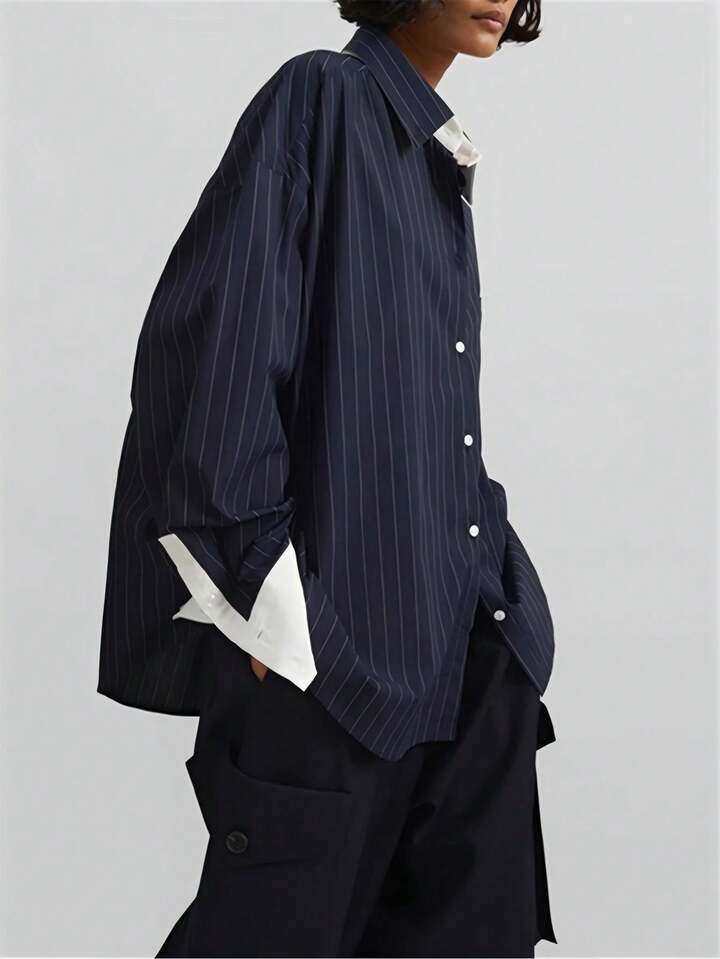 CM-TS867357 Women Elegant Seoul Style Shirt Collar Button Front Long Sleeve Striped Blouse - Navy Blue