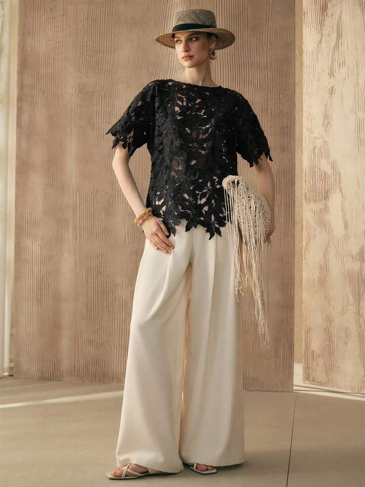 CM-TS052635 Women Trendy Bohemian Style Embroidered Round Neck Short Sleeve Top - Black