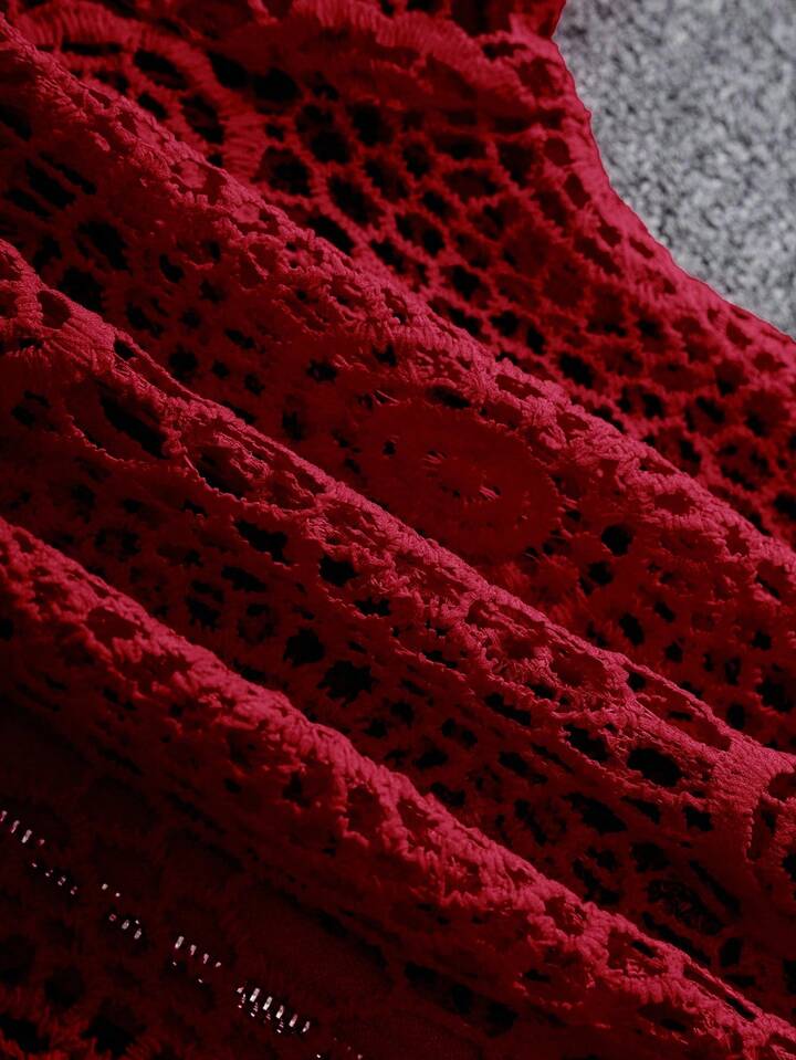 CM-TS677566 Women Casual Seoul Style Floral Lace Hollow Zipper Front Long Sleeve Blouse - Red