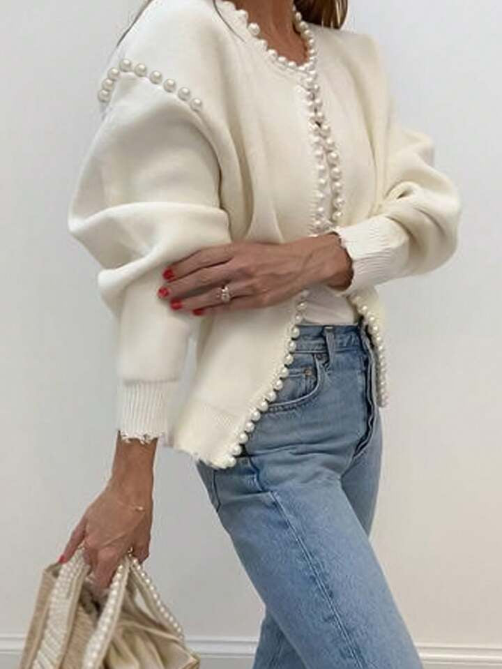 CM-CS690395 Women Casual Seoul Style Pearl Trim Distressed Hem Long Sleeve Knit Sweater - White
