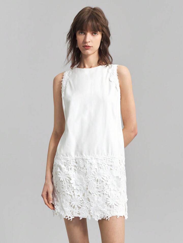 CM-DS603272 Women Elegant Seoul Style Solid Color Lace Patchwork Round Neck Sleeveless Mini Dress