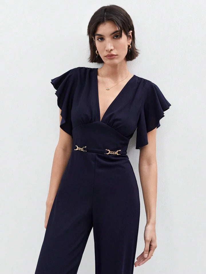 CM-JS542802 Women Elegant Seoul Style Butterfly Sleeve Chain Decorated Jumpsuit - Navy Blue