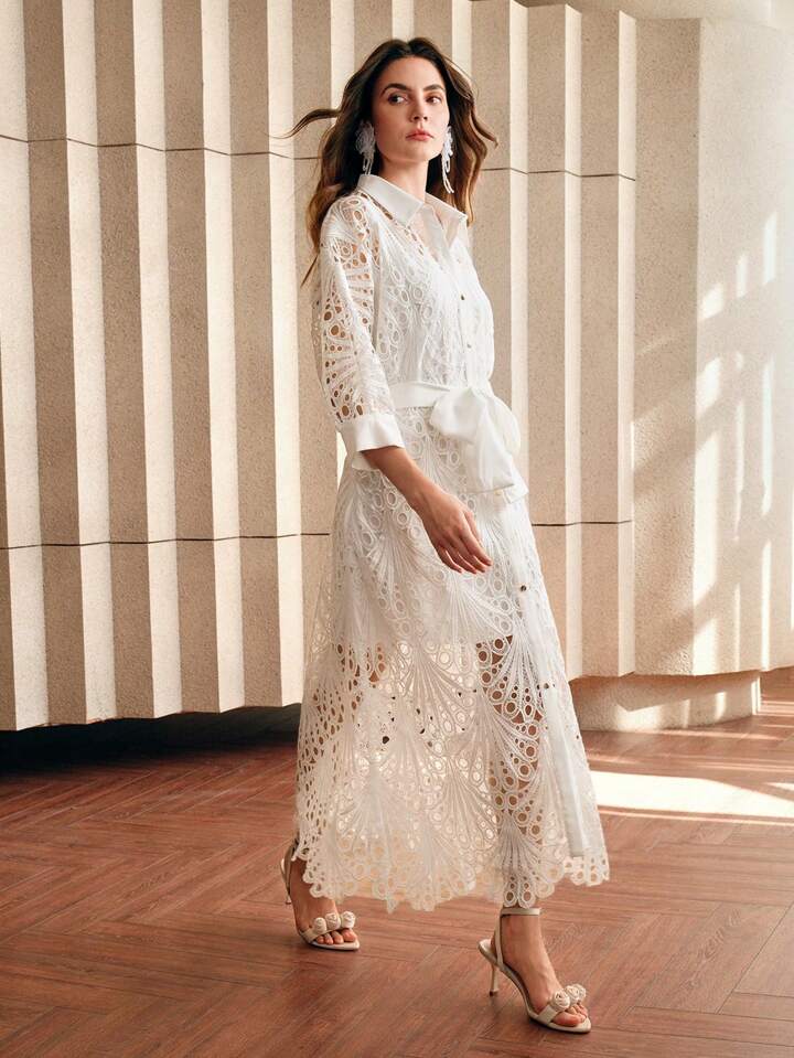 CM-DS168582 Women Elegant Seoul Style Collar Neckline Mid-Sleeve Lace Embroidered Midi Dress - White