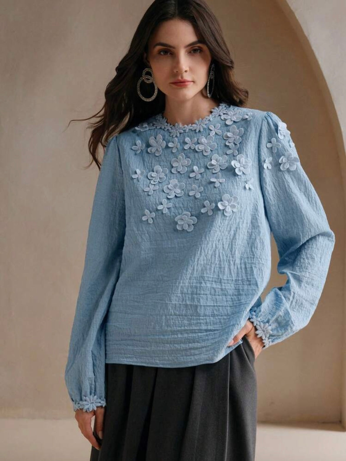 CM-TS969793 Women Elegant Seoul Style Embellished Textural Floral Lantern Sleeve Blouse - Blue