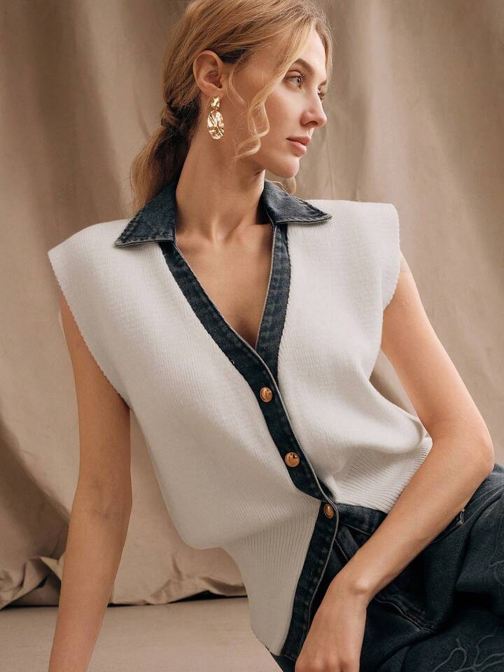 CM-TS751752 Women Casual Seoul Style Knitted Denim Patchwork Polo Collar Sweater Top - White