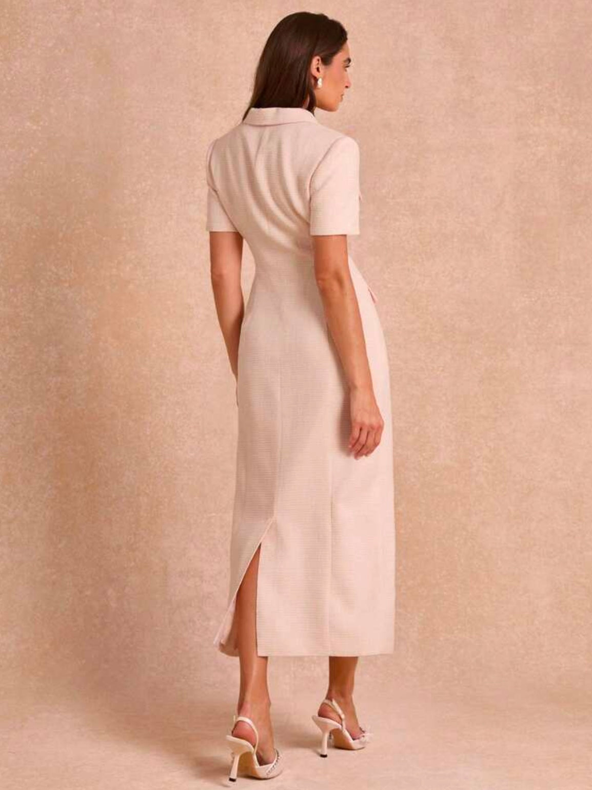CM-DS834794 Women Elegant Seoul Style Collar Neckline Short Sleeve Tweed Fitted Long Dress - Pink