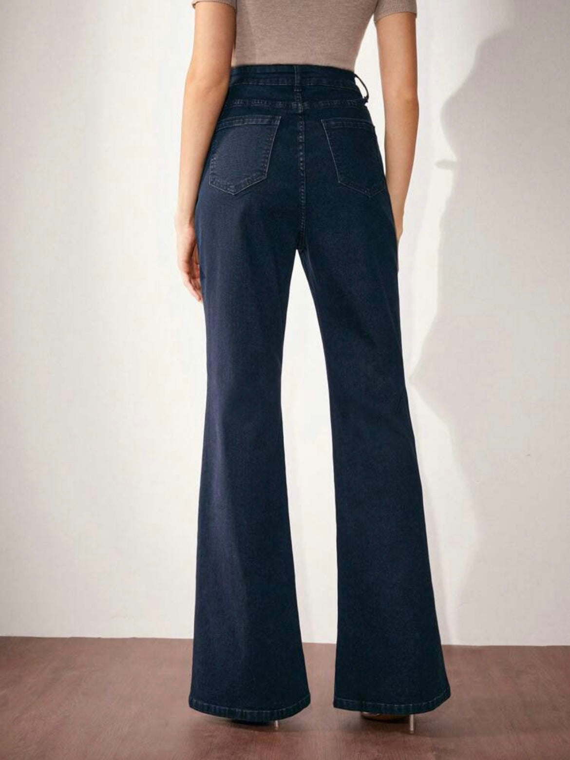CM-BS500540 Women Casual Seoul Style High Waist Slim Fit Rhinestone Embellished Flare Leg Jeans