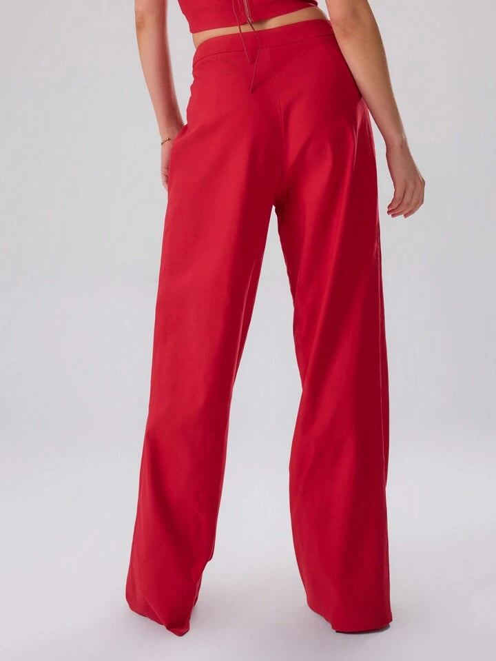 CM-BS151423 Women Elegant Seoul Style Solid Color Pleated Wide Leg Pants - Red