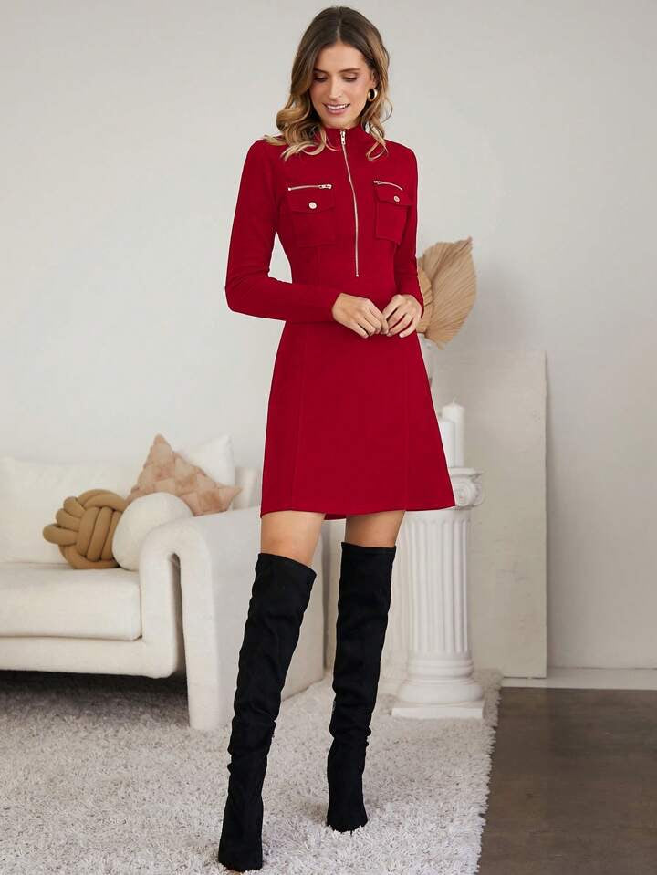 CM-DS287055 Women Elegant Seoul Style Stand Collar Zip Front Flap Pocket Dress - Red