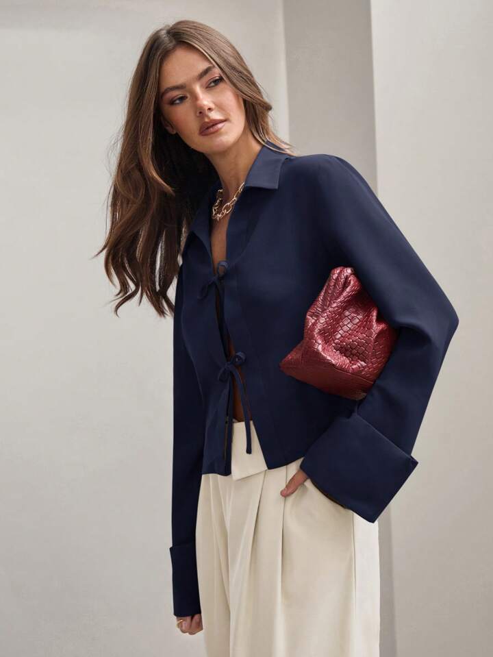 CM-TS870256 Women Trendy Bohemian Style Shirt Collar Front Tie Long Sleeve Shirt - Royal Blue