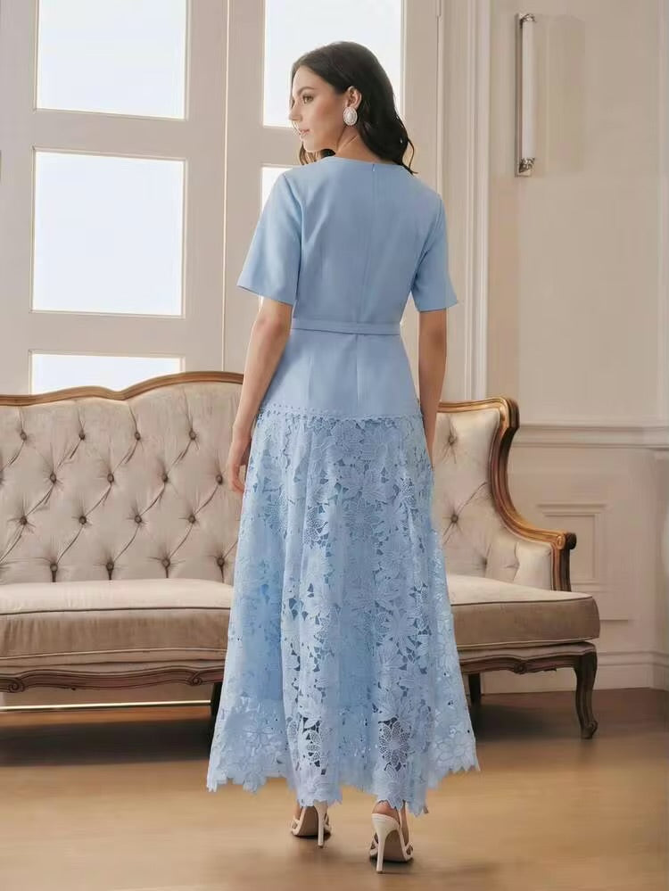 CM-DS750591 Women Elegant Seoul Style Round Neck Short Sleeve Water-Soluble Lace Patchwork A-Line Dress - Blue