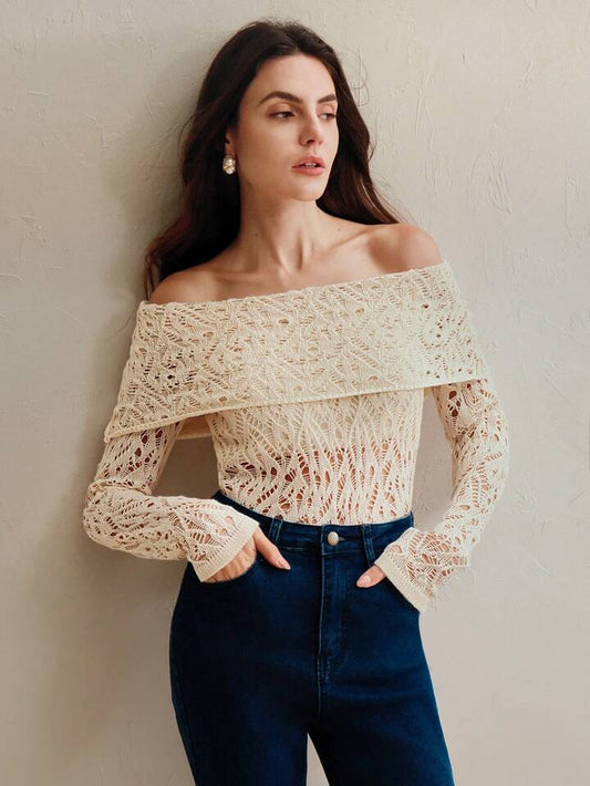 CM-TS113102 Women Casual Seoul Style Hollow Out Off Shoulder Fitted Knit Top - Apricot