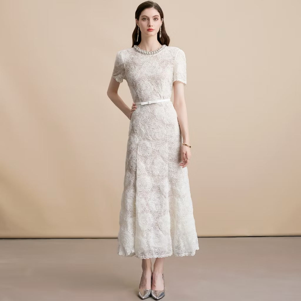 CM-DY054179 Women Elegant European Style Lace Round Neck Short Sleeve Medium Waist Midi Dress - Apricot