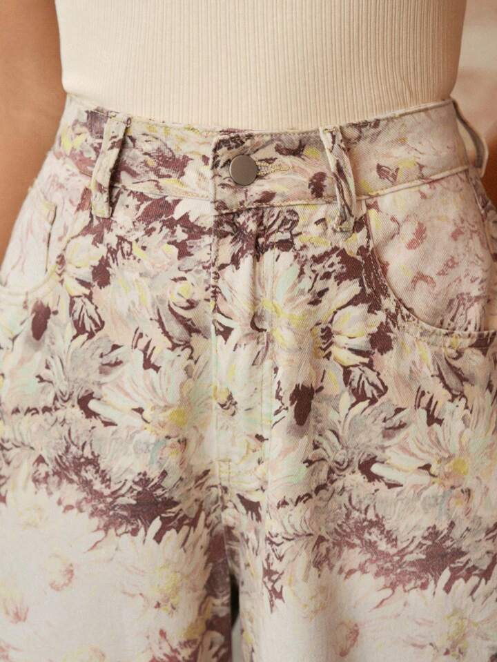 CM-BS172777 Women Casual Seoul Style Floral Printed High-Waisted Wide Leg Jeans - Yellow